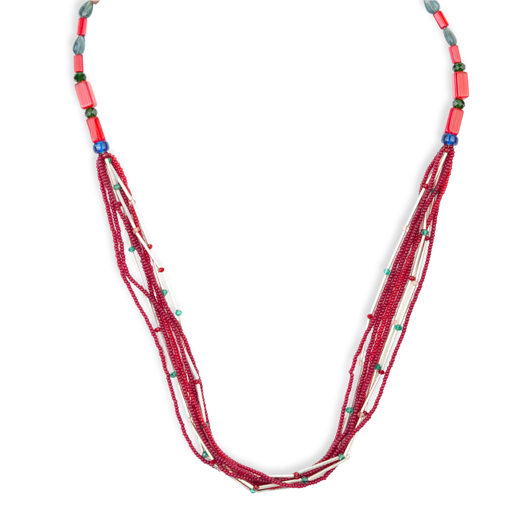 Glass Bead and German Silver Pipe Necklace