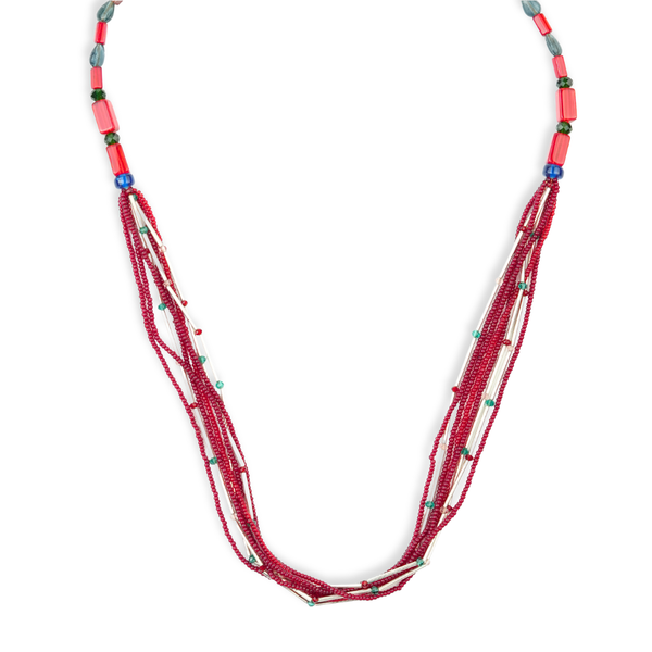 Glass Bead and German Silver Pipe Necklace