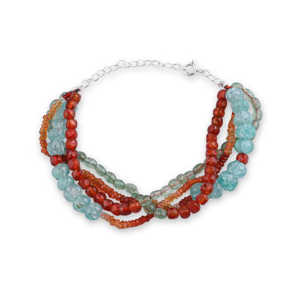 Natural Orange Opal, Russian Quartz, Carnelian & Carved Pumpkin Aqua Fluorite Silver Bracelet (Project Handmade)