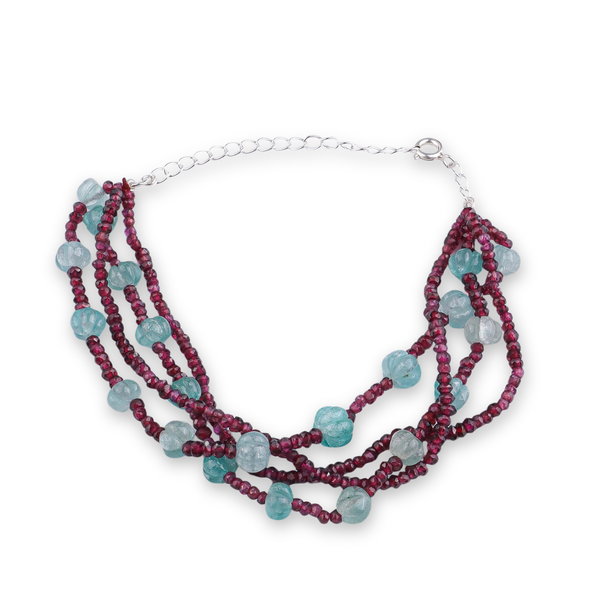 Carved Pumpkin Aqua Fluorite & Garnet Silver Bracelet (Project Handmade)