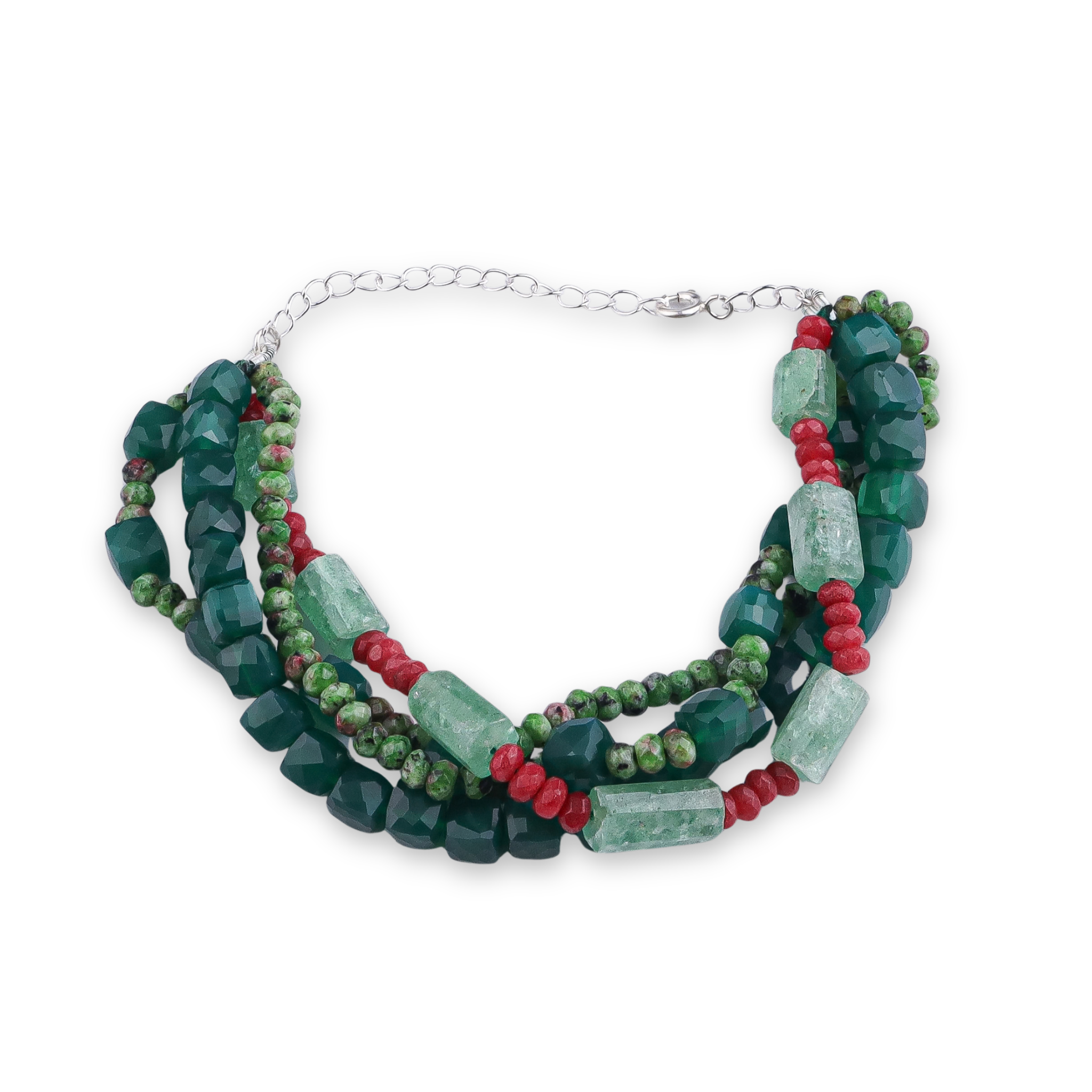 Green Onyx, Russian Quartz, Green & Red Jade Silver Bracelet (Project Handmade)
