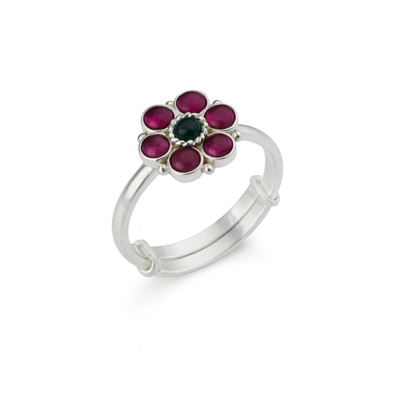 Silver flower ring with pink and black stones