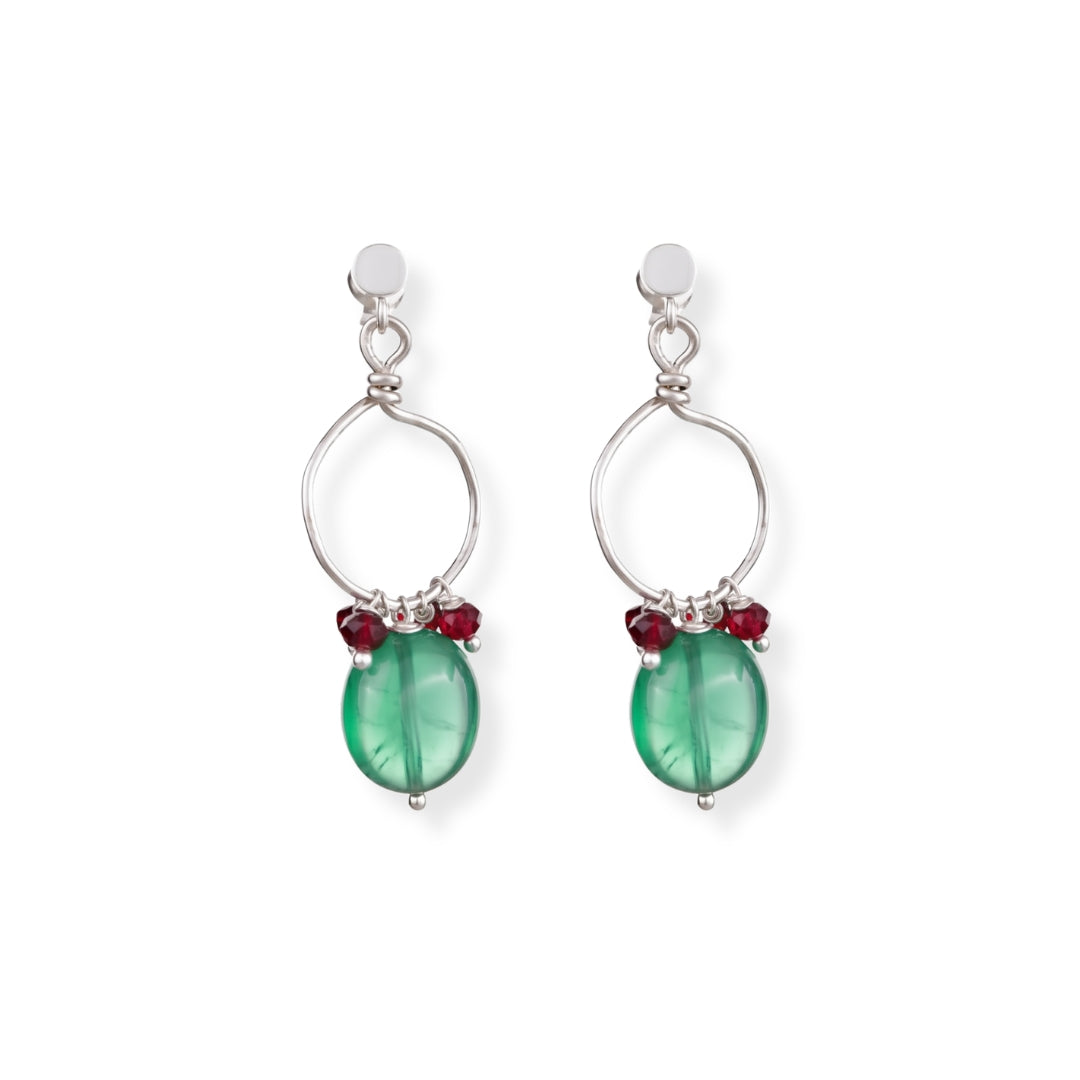 Green Onyx & Garnet Silver Earrings (Project Handmade)