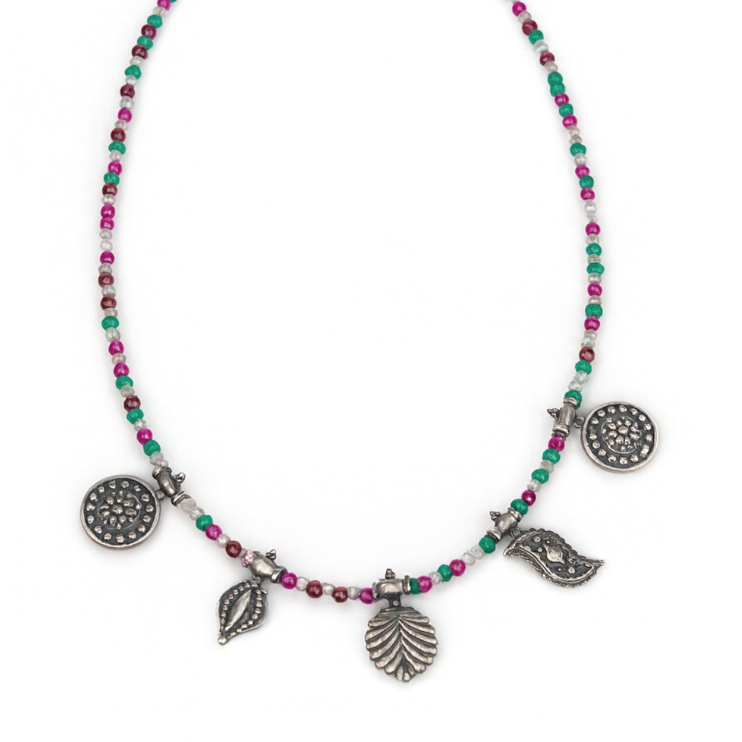 Oxidized Multi charm Necklace with Multi colour Stones (Big)