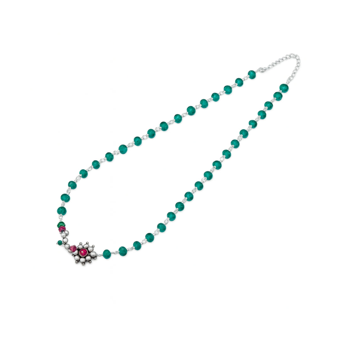 Silver Nath Motif Necklace with Green Onyx Stones