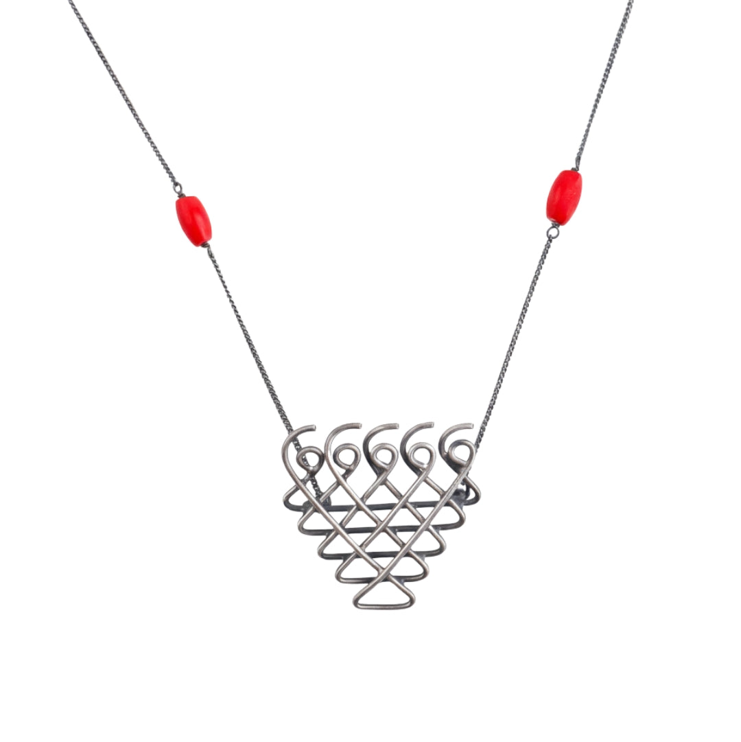 Silver Saraswati Necklace with Coral (Medium)