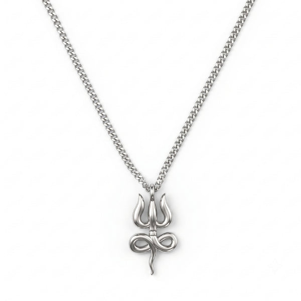 Silver Serpent Trishul Pendant Necklace