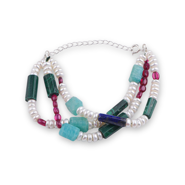 Amazonite, Lapis Lazuli, Ruby, Freshwater Pearl & Malachite Silver Bracelet (Project Handmade)