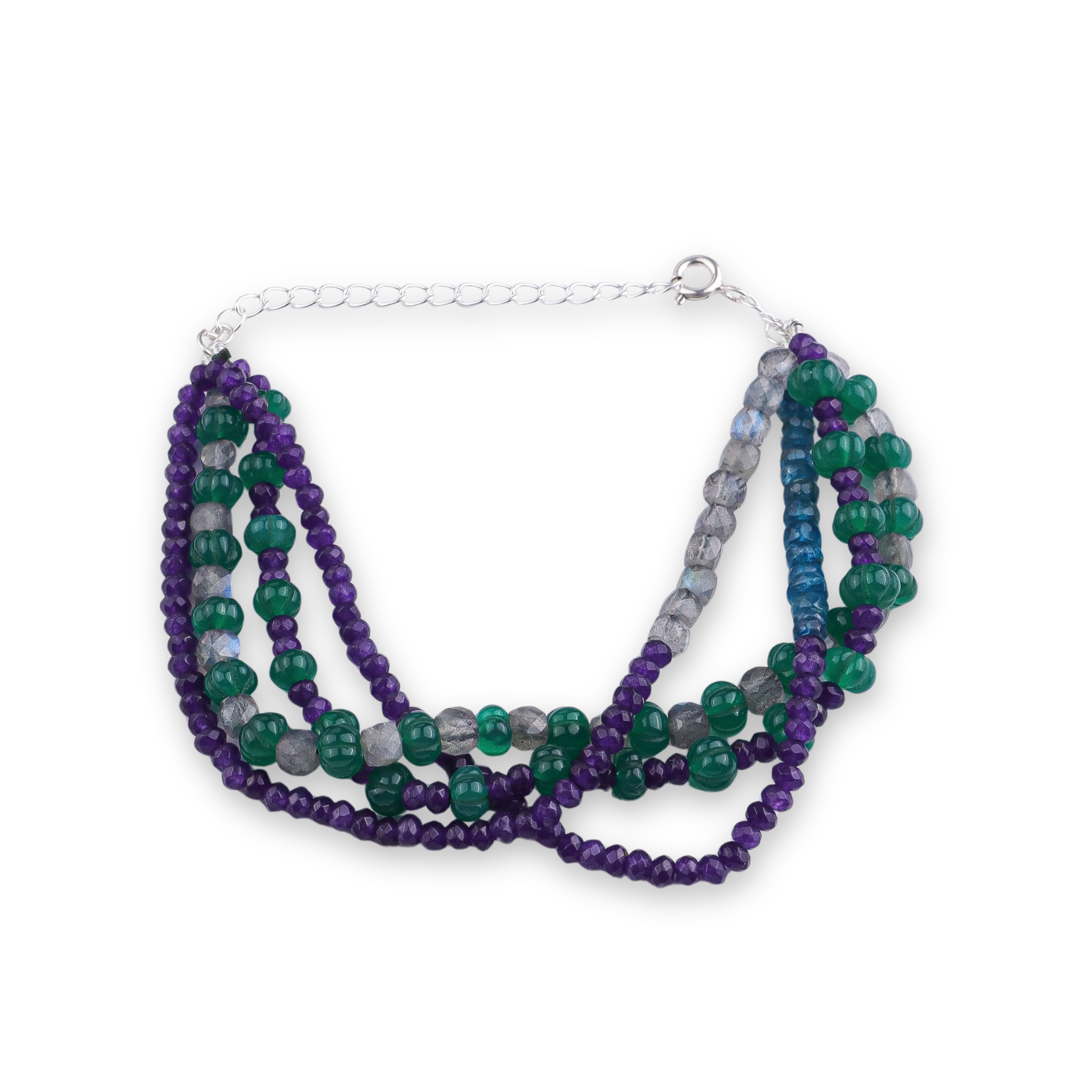 Green Onyx, Labradorite, Rhodolite & Purple Jade Silver Bracelet (Project Handmade)