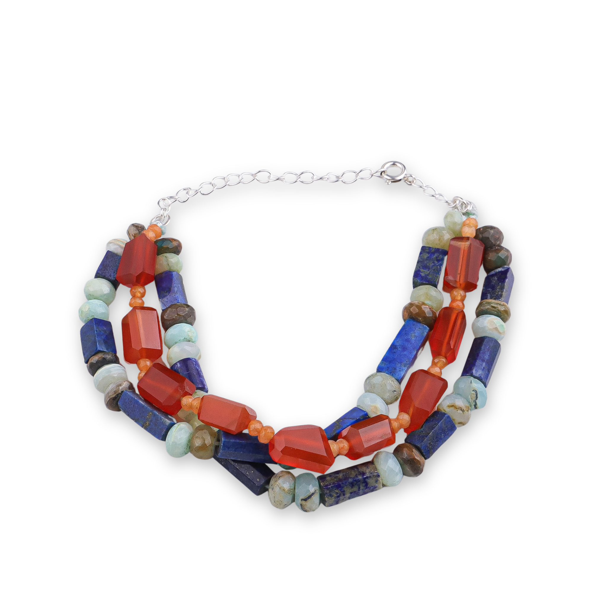 Carnelian, Lapis Lazuli, Orange Jade & Blue Opal Silver Bracelet (Project Handmade)