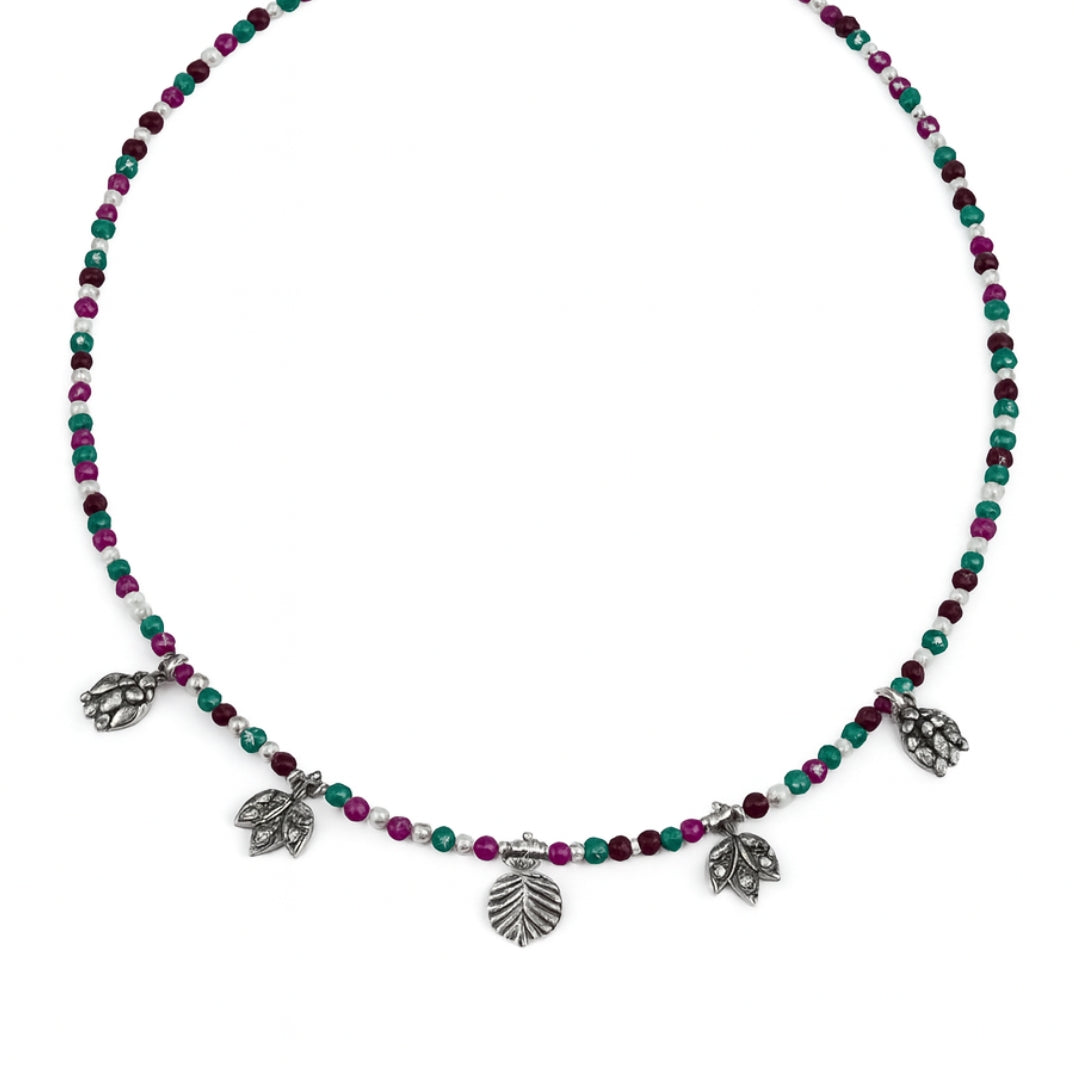 Oxidized Multi charm Necklace with Multi colour Stones (Small)