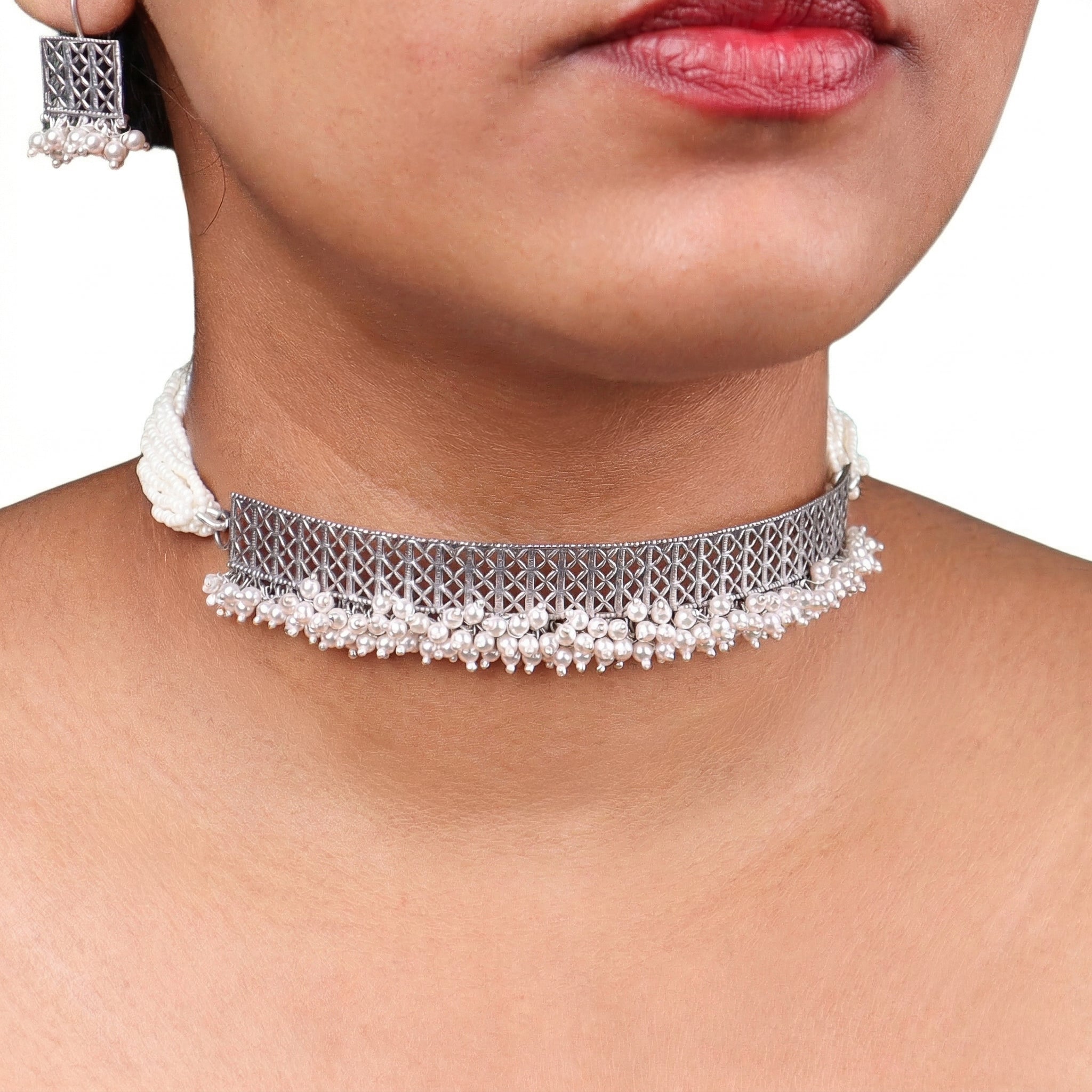 Filigree Pearl Choker Set – Elegant Silver | House of Aadyaa