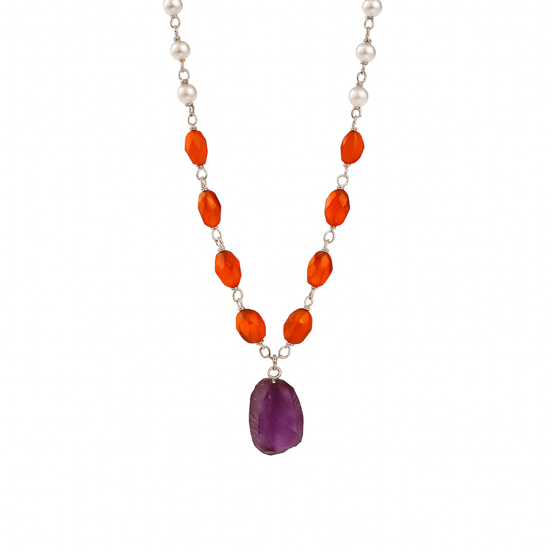 Silver Pearl Ganthan Necklace with Amethyst and Carnelian