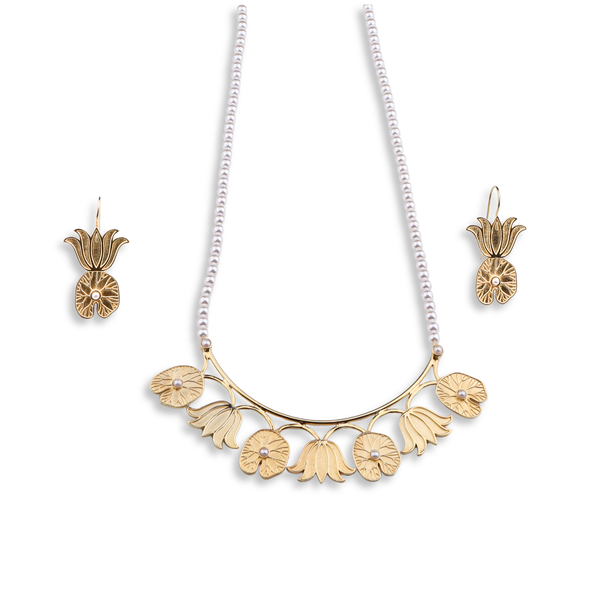 Abstract Lotus & Pearl Set | 22K Gold Plated | 92.5 Silver