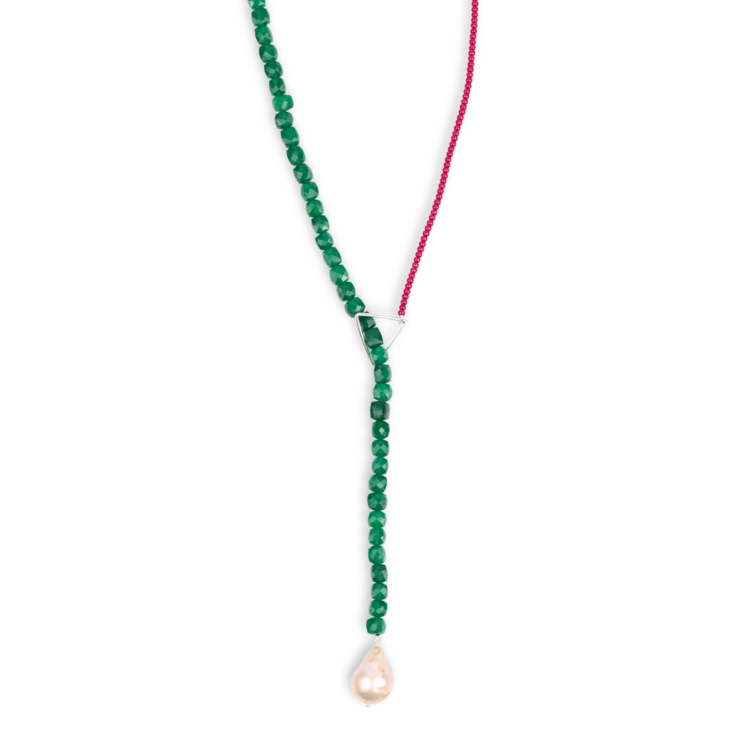 Triangle Slider Necklace with Green Onyx & Rubies (Project Handmade)