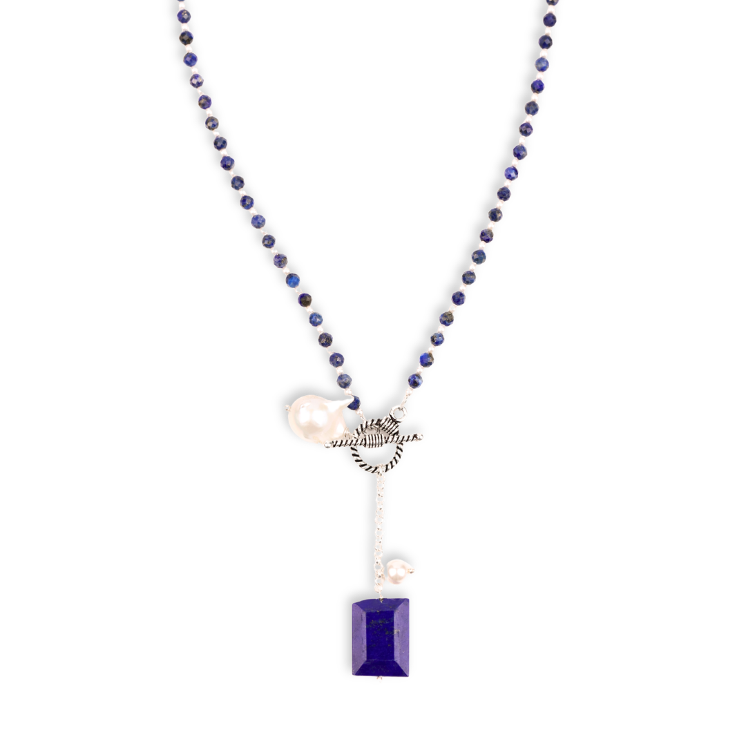 Front Clasp Necklace with Lapis Lazuli & Baroque Pearl (Project Handmade)