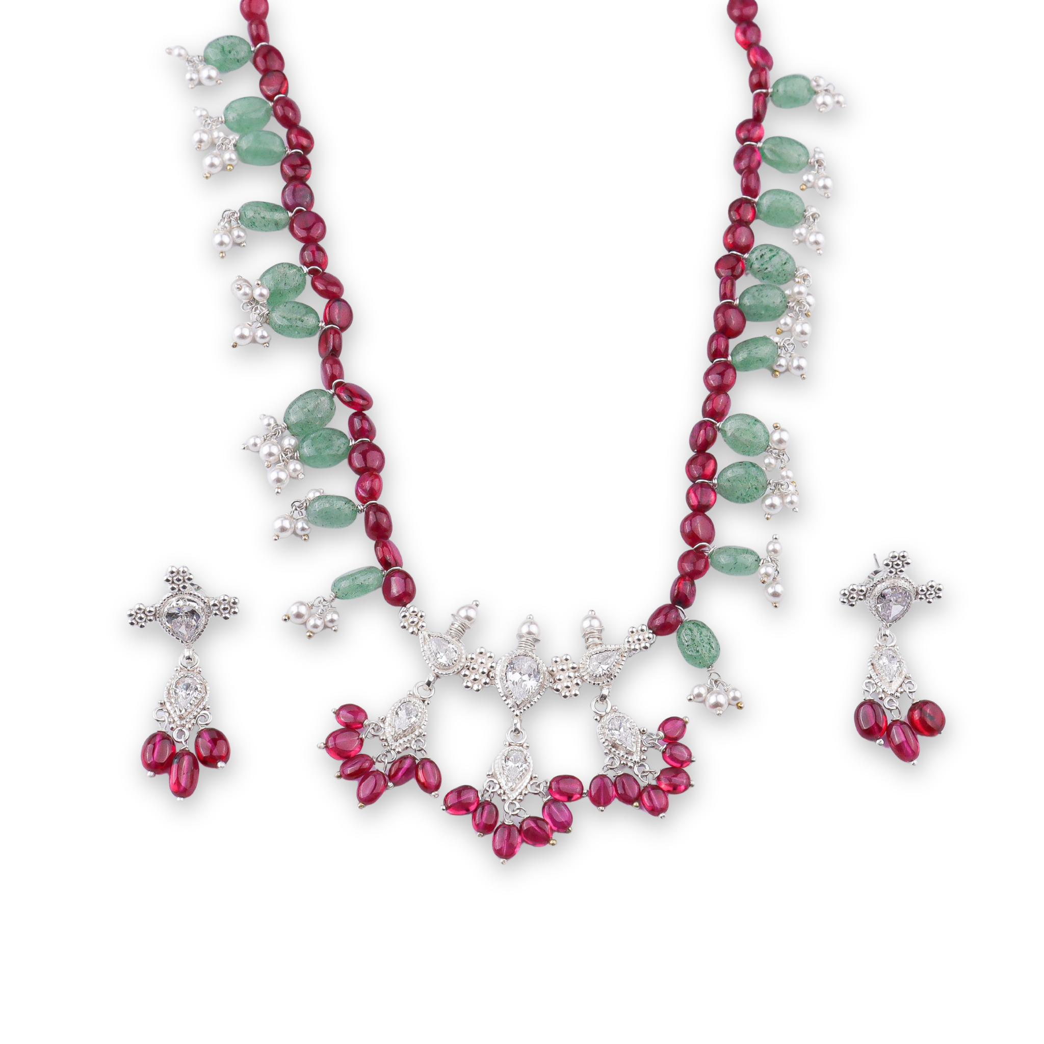 Silver CZ Kudi Tanmani Set with Rubies & Russian Quartz