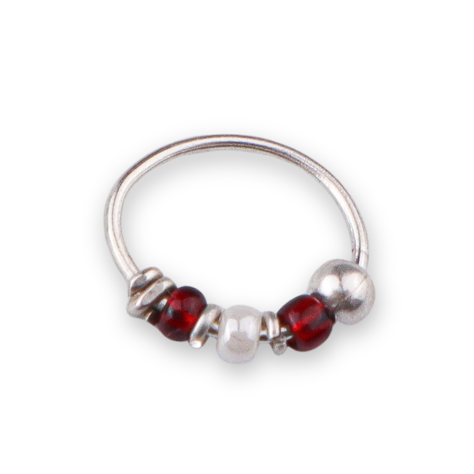 Silver Septum Cum Nose Ring with Red & White Bead (Pierced)