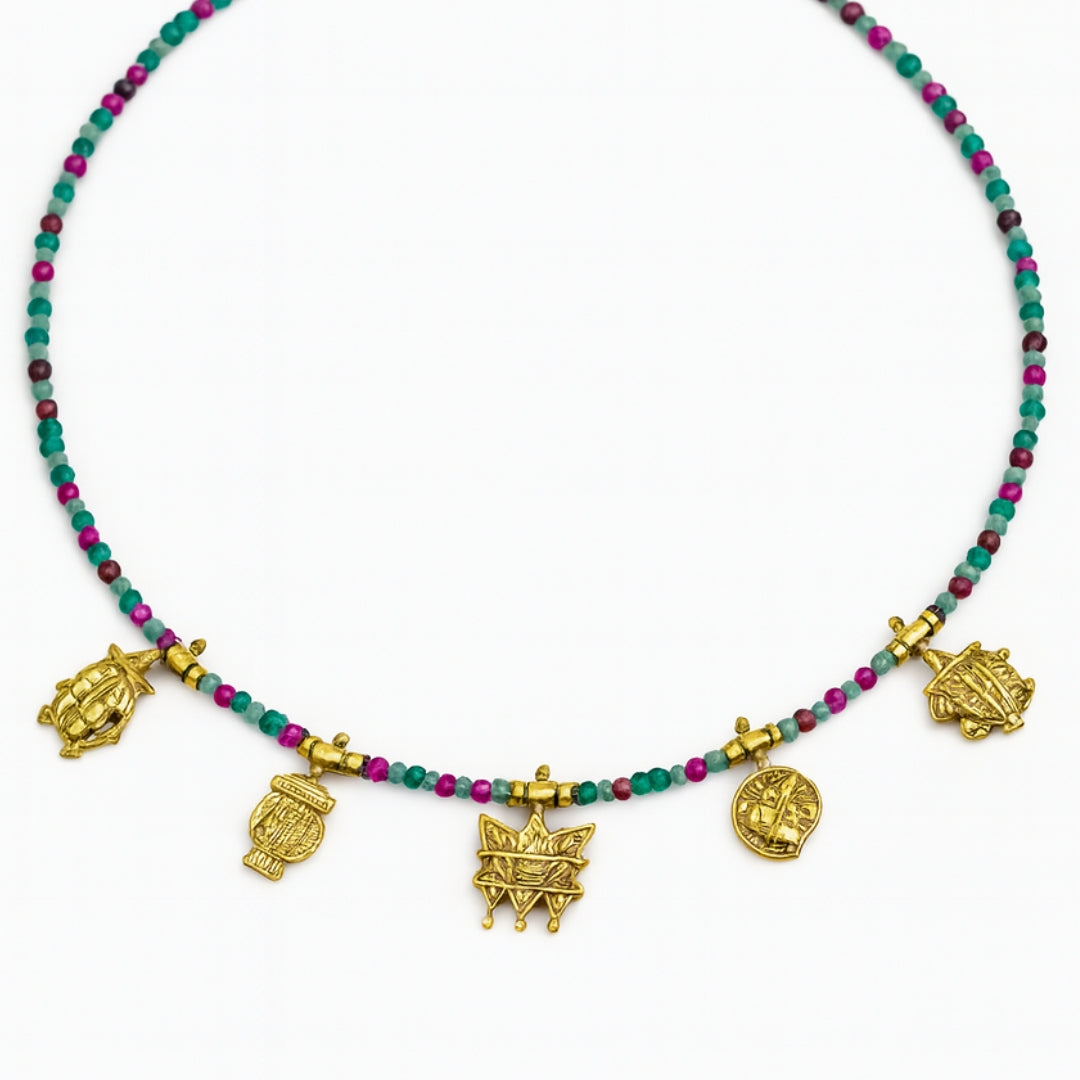 Multicharm Necklace with multi colour stones (big) | 92.5 Silver | 22K Gold Plated