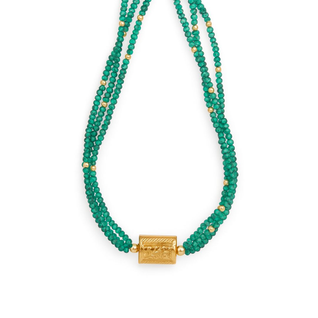 Goldplated Carved bead choker with green onyx