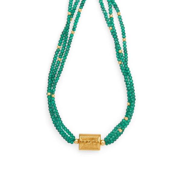 Goldplated carved bead choker with green onyx and temple-inspired design