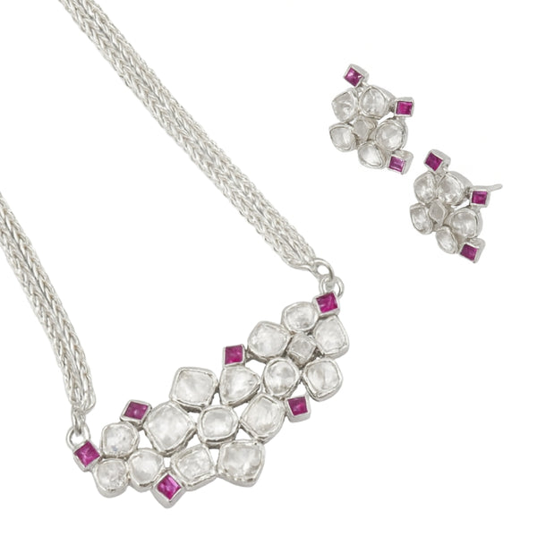 Polki silver necklace with moissanite and pink stones