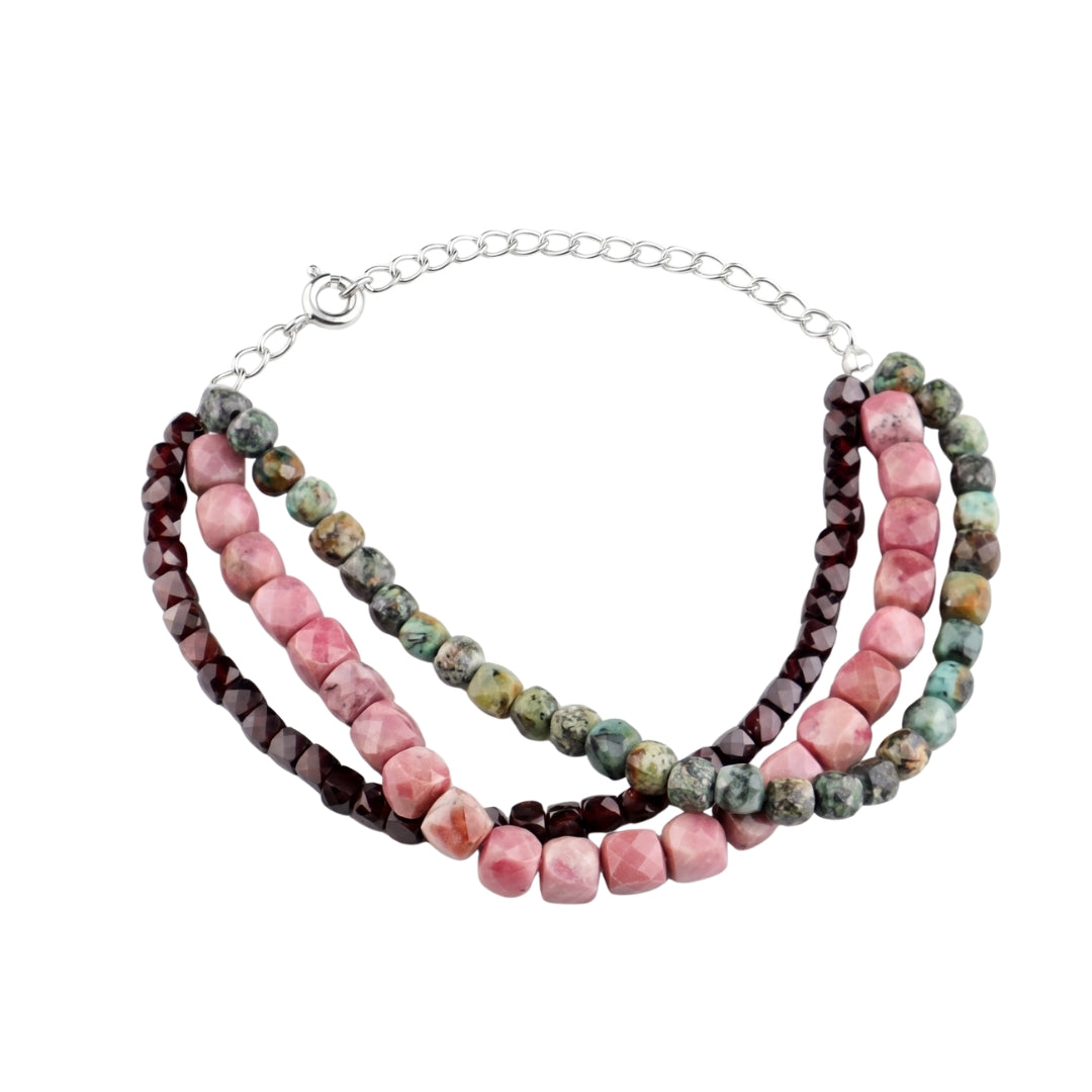 Rose Quartz, Garnet & Firoza Silver Bracelet (Project Handmade)