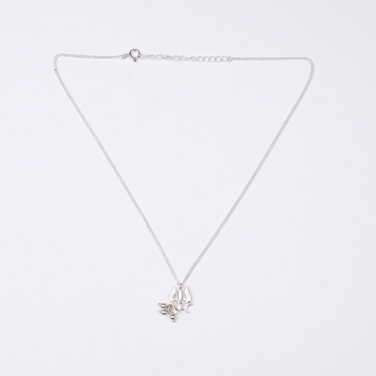 Silver Trishul, Damru And Crescent Moon Pendant Necklace