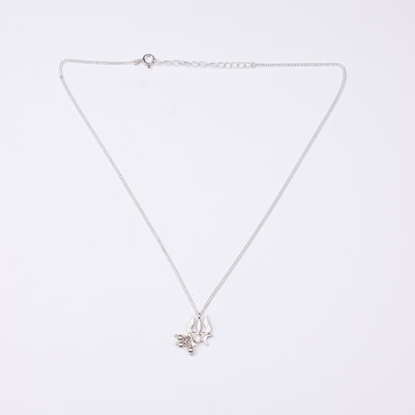 Silver Trishul, Damru And Crescent Moon Pendant Necklace