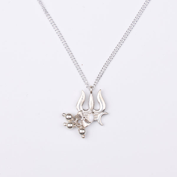 Silver Trishul, Damru And Crescent Moon Pendant Necklace