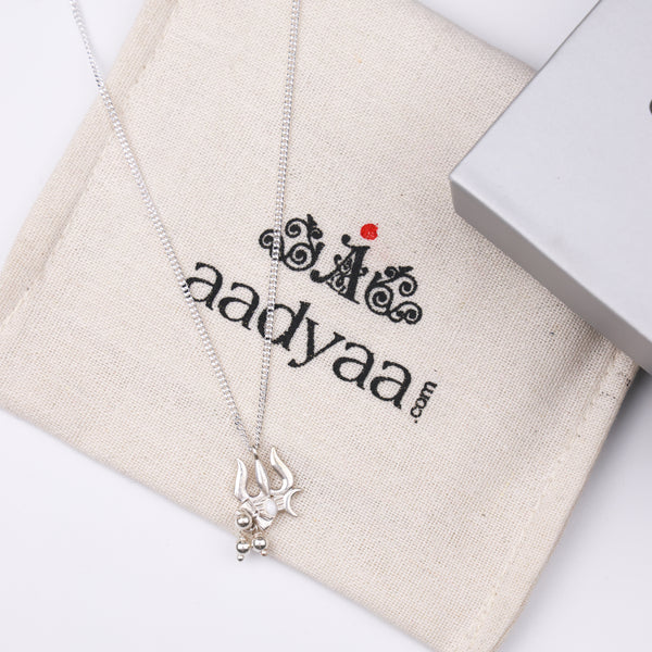 Silver Trishul, Damru And Crescent Moon Pendant Necklace