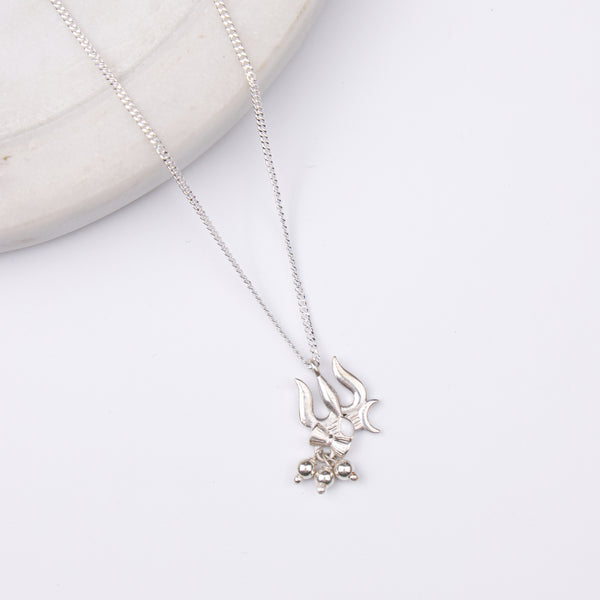 Silver Trishul, Damru And Crescent Moon Pendant Necklace
