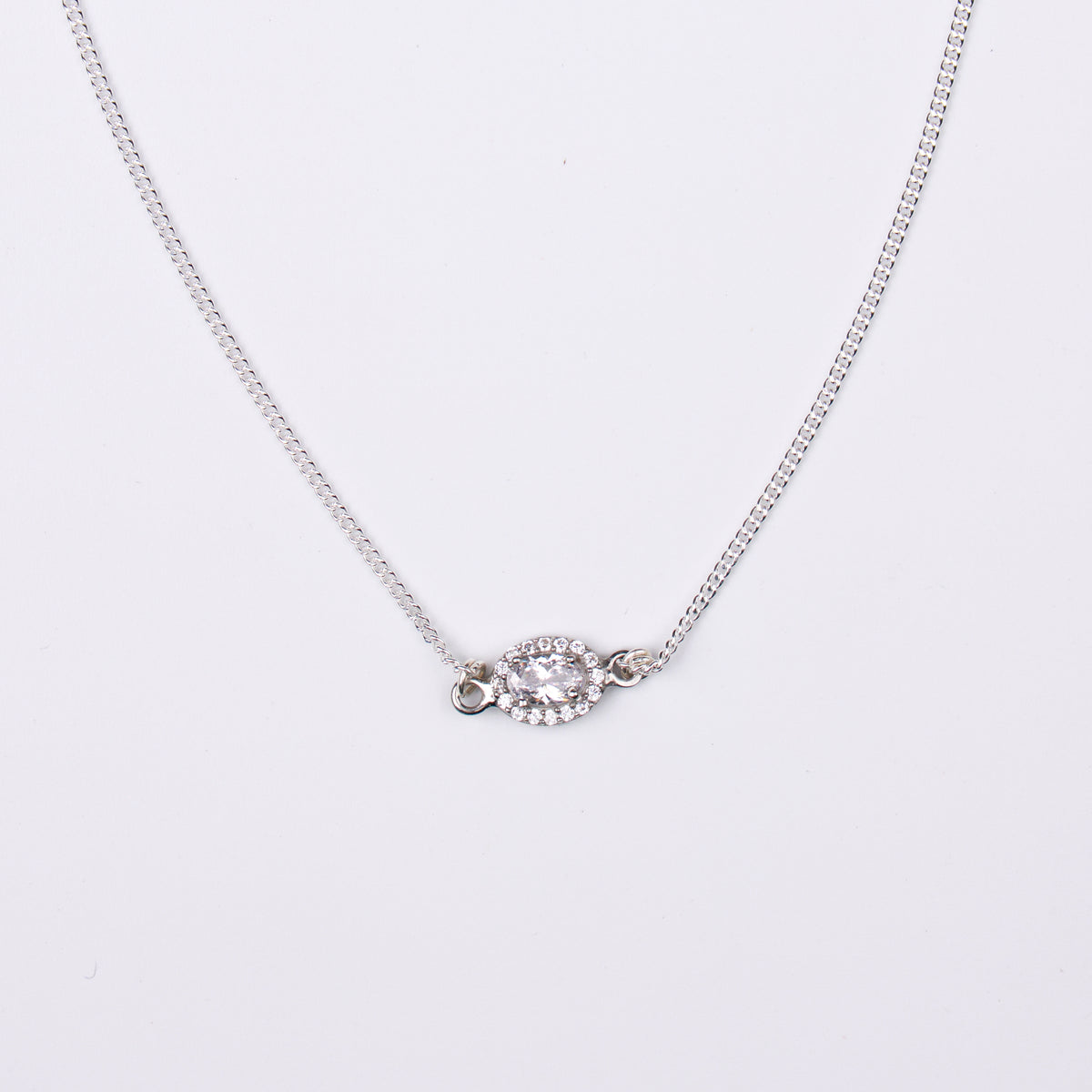 Silver CZ Oval Pendant Necklace