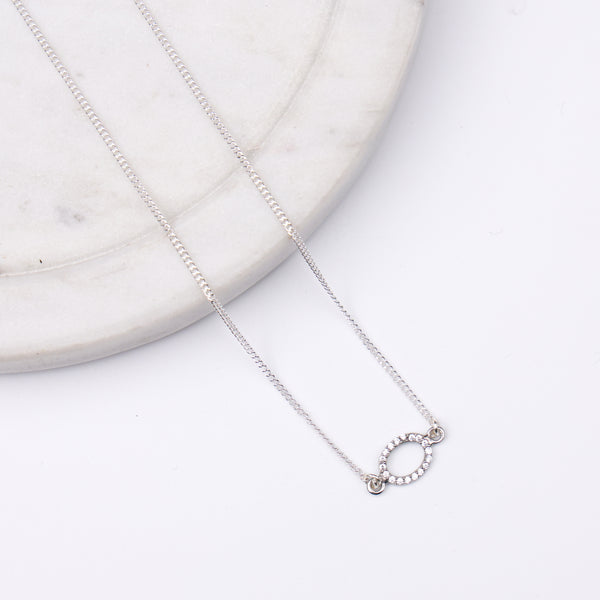 Silver CZ Halo Oval Pendant Necklace