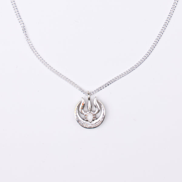 Silver Moon And Trishul Pendant Necklace
