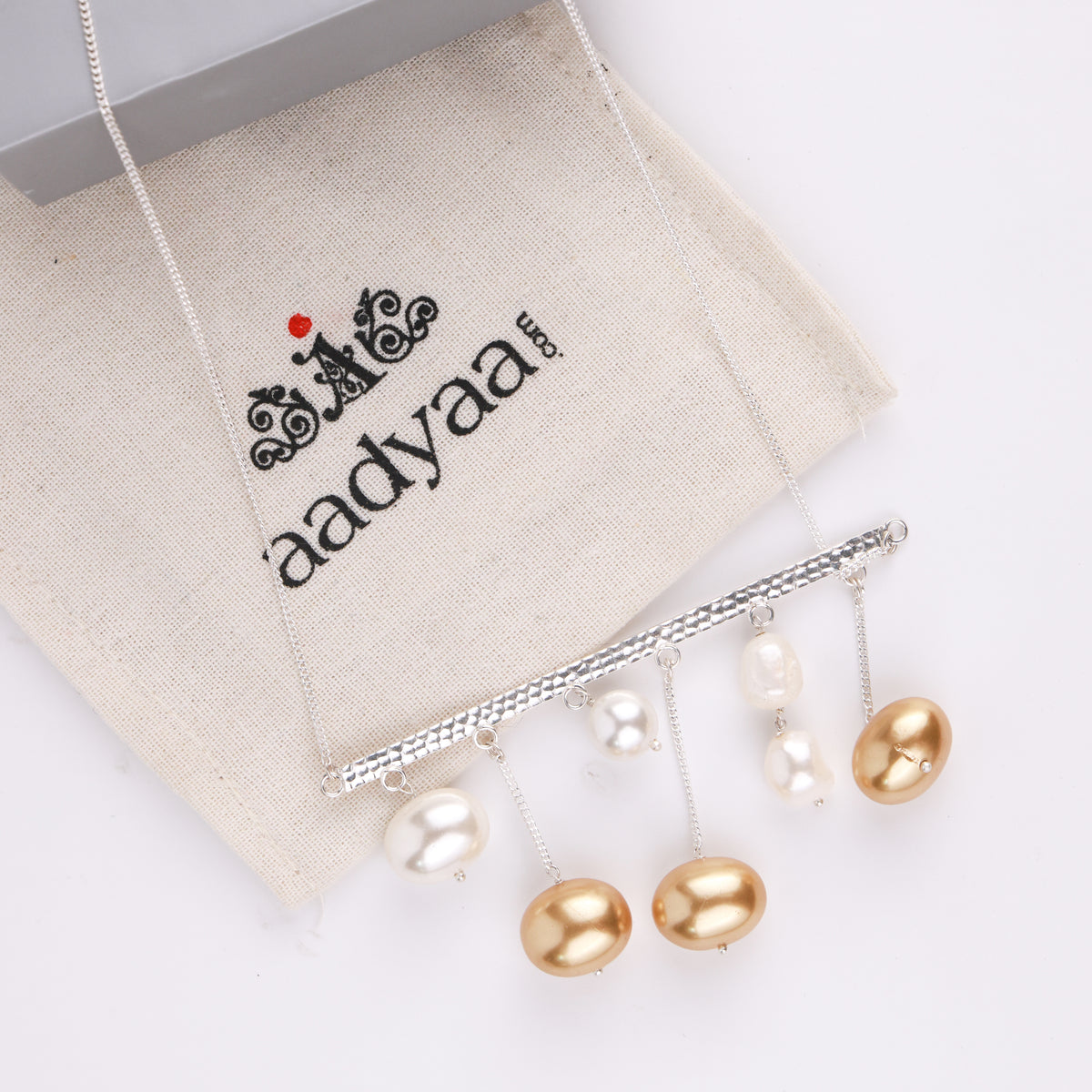 Abstract Pendant Necklace - White And Golden Pearls (Project Handmade)