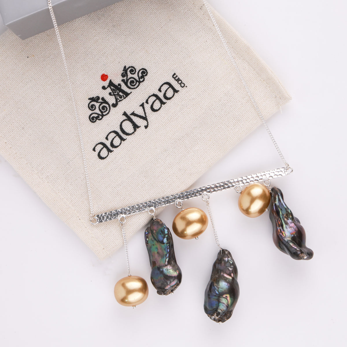 Abstract Pendant Necklace - Black Baroque Pearls and Golden Pearls (Project Handmade)