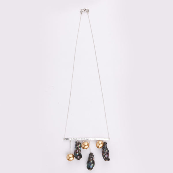 Abstract Pendant Necklace - Black Baroque Pearls and Golden Pearls (Project Handmade)