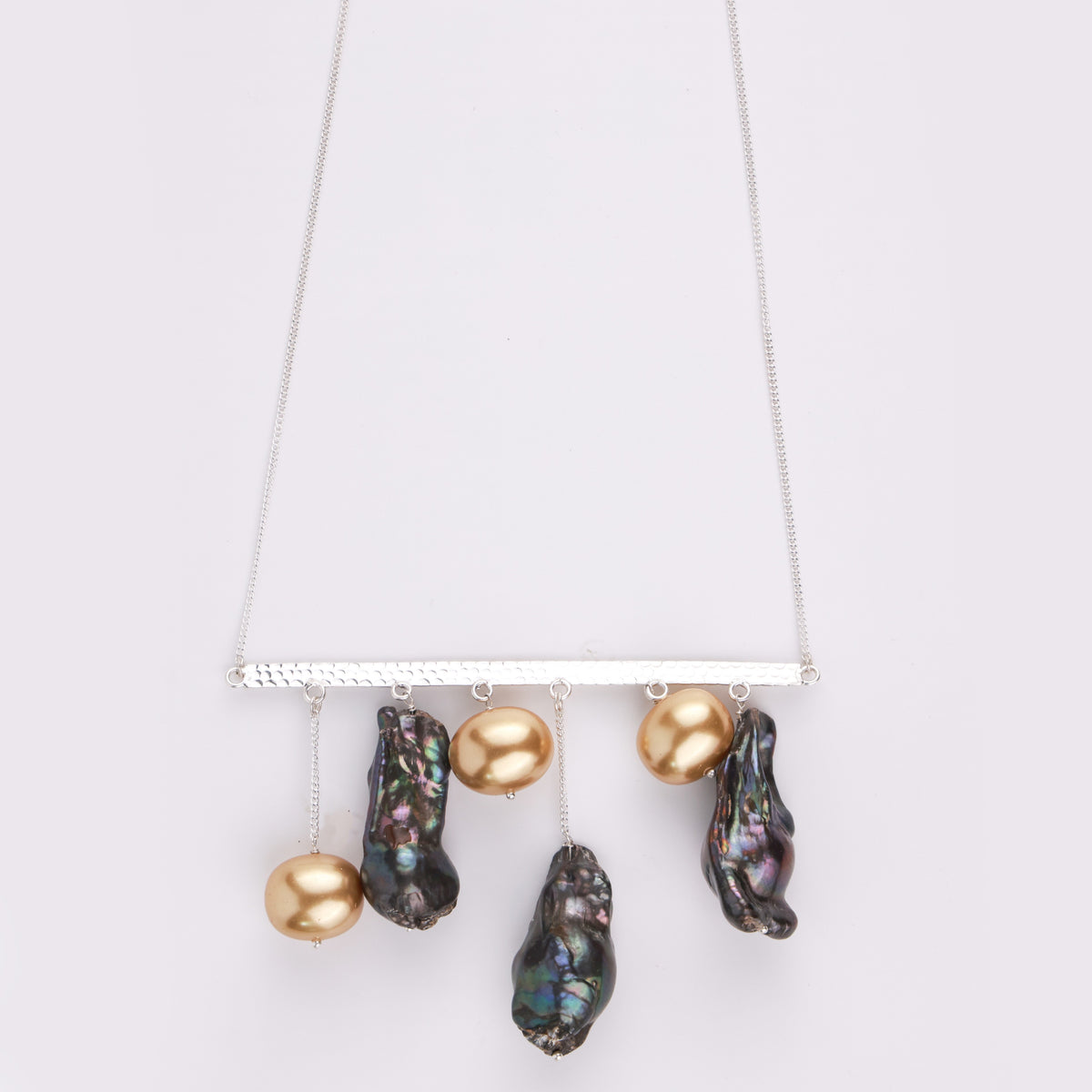 Abstract Pendant Necklace - Black Baroque Pearls and Golden Pearls (Project Handmade)