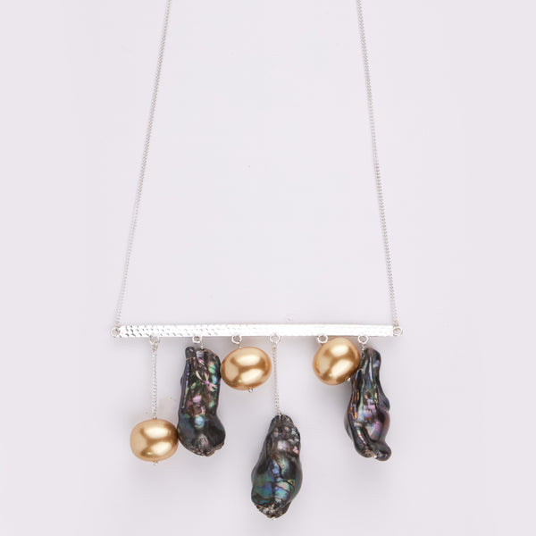 Abstract Pendant Necklace - Black Baroque Pearls and Golden Pearls (Project Handmade)
