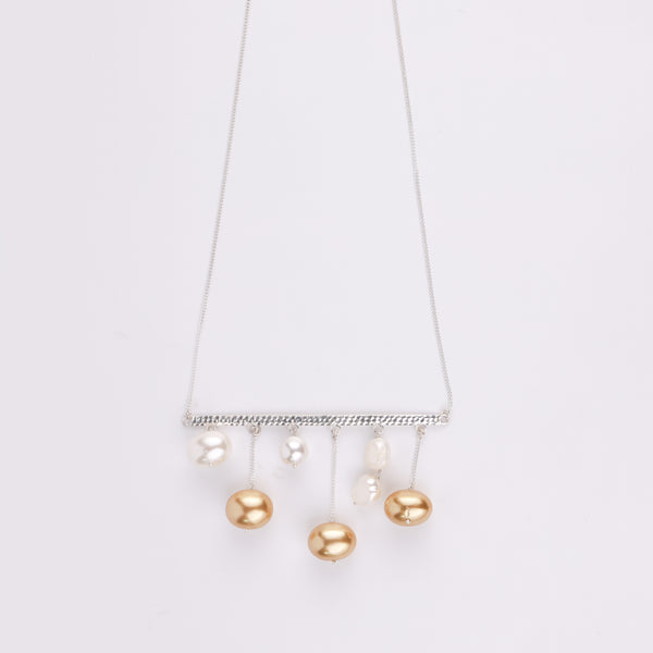 Abstract Pendant Necklace - White And Golden Pearls (Project Handmade)