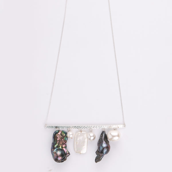 Abstract Pendant Necklace - Black Baroque Pearls and White Pearls (Project Handmade)