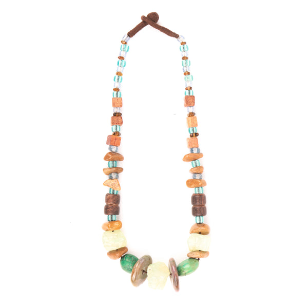 Necklace with Green Chalcedony, Camel Agate, Turquoise Wooden Beads & Glass Beads
