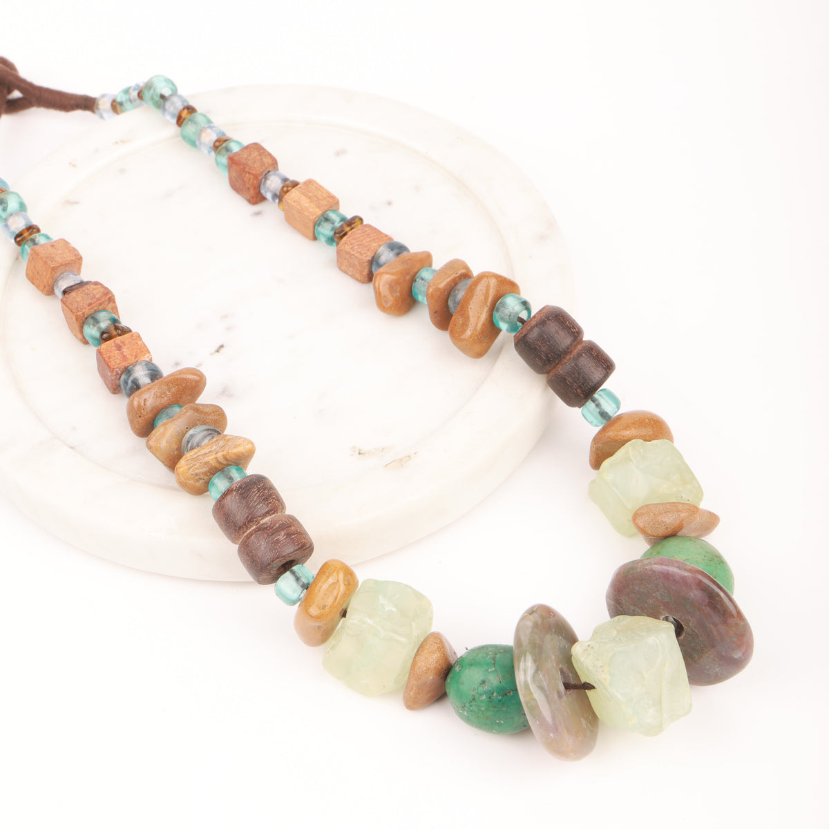 Necklace with Green Chalcedony, Camel Agate, Turquoise Wooden Beads & Glass Beads