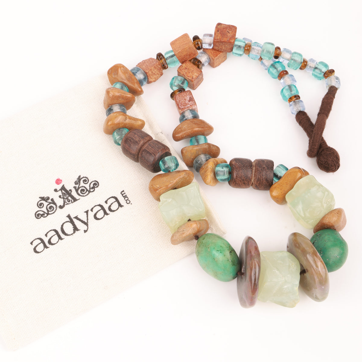 Necklace with Green Chalcedony, Camel Agate, Turquoise Wooden Beads & Glass Beads
