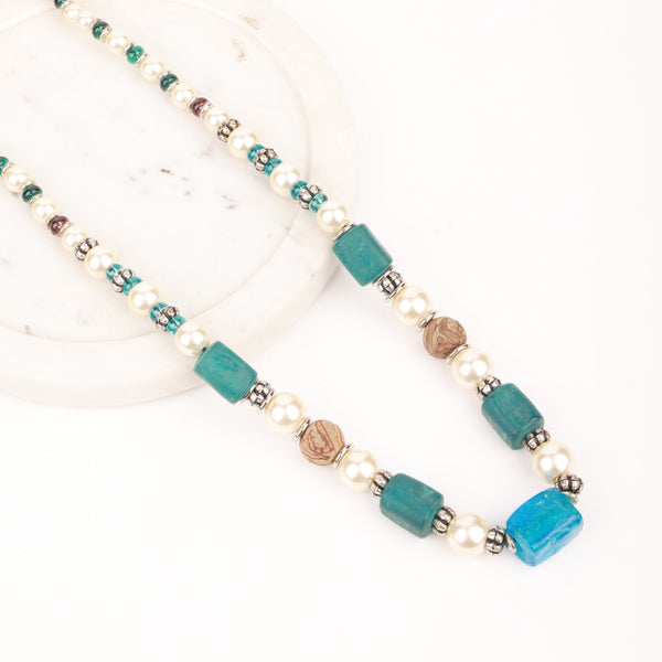 Long Necklace with Glass Bead & Pearls