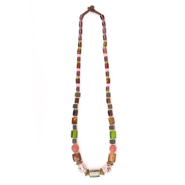 Long Necklace with Glass, Metal & Silver Oil Glass Beads