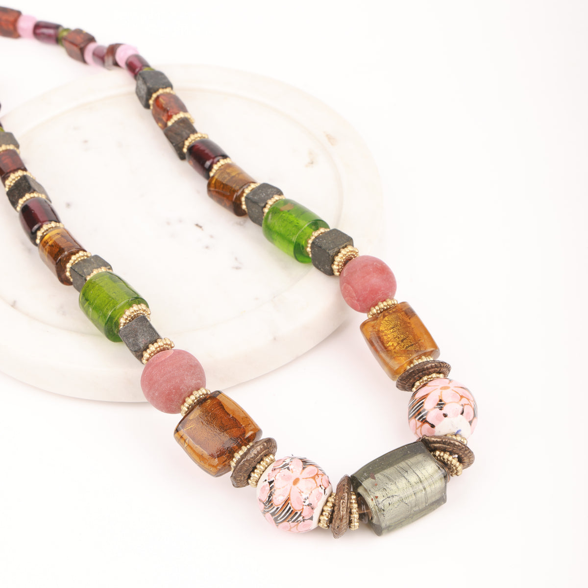 Long Necklace with Glass, Metal & Silver Oil Glass Beads
