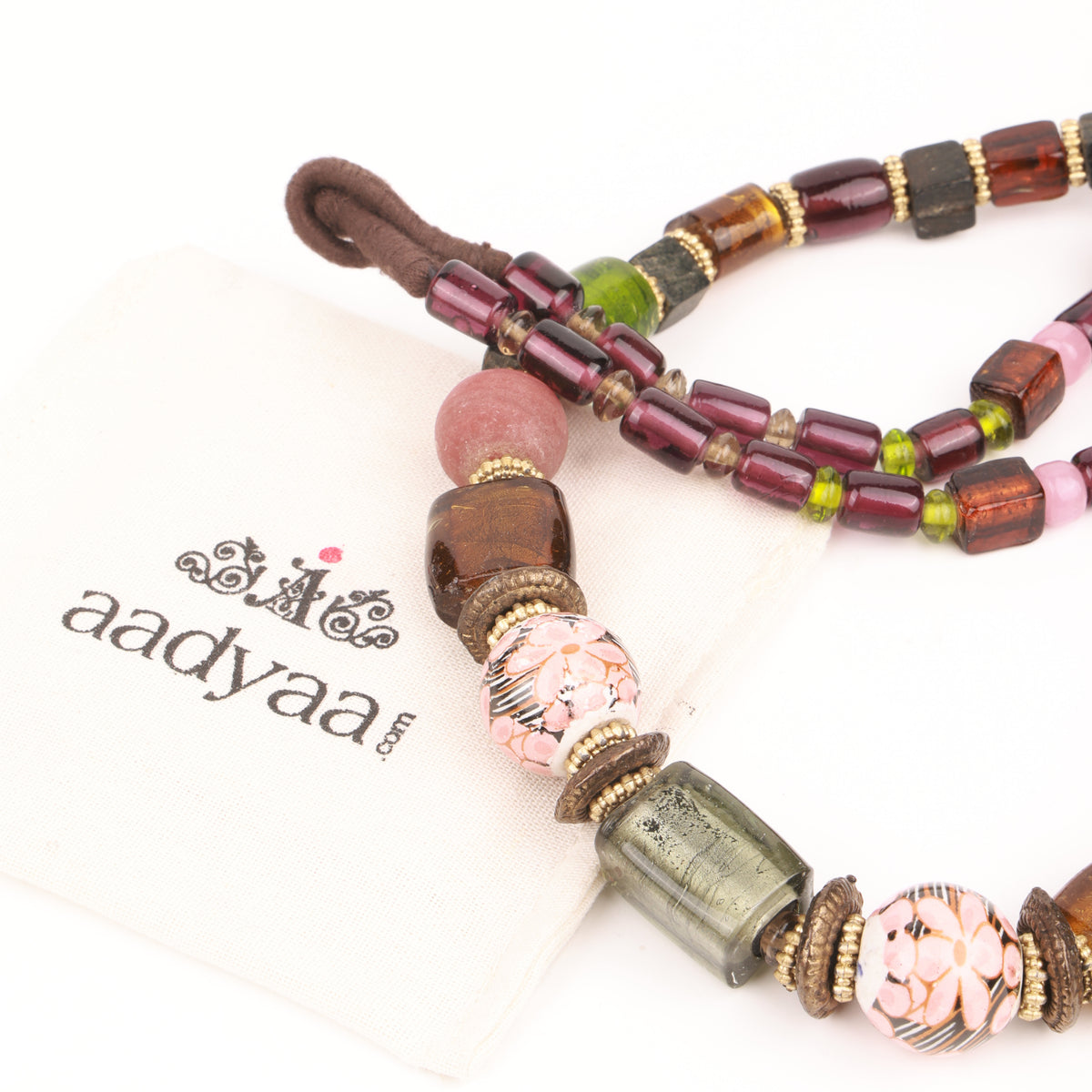 Long Necklace with Glass, Metal & Silver Oil Glass Beads