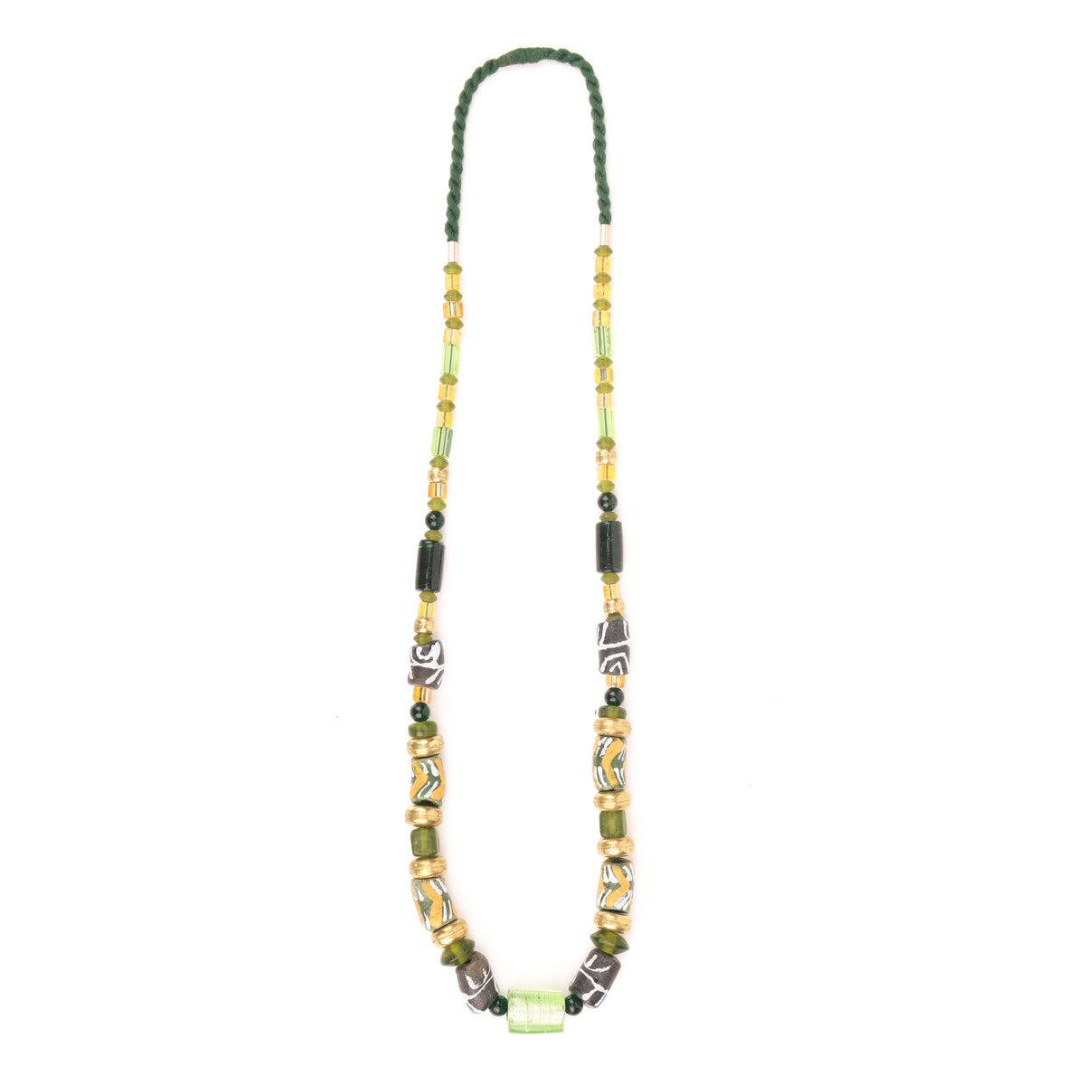 Long Necklace with Silver Foil Glass Bead with Brass, Glass & Hand Painted Ceramic Beads